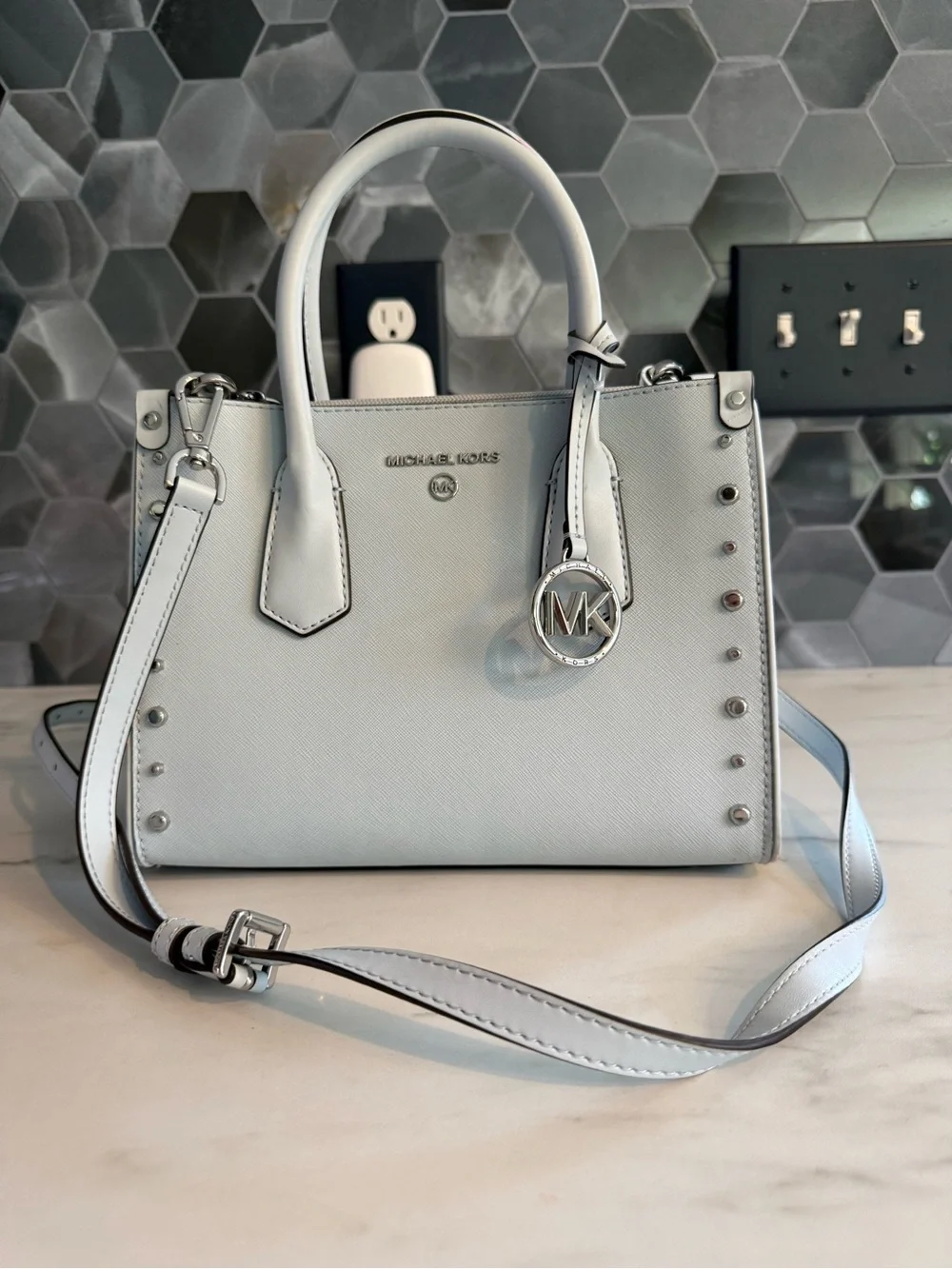 Michael Kors Light Blue Saffiano Leather Studded Satchel